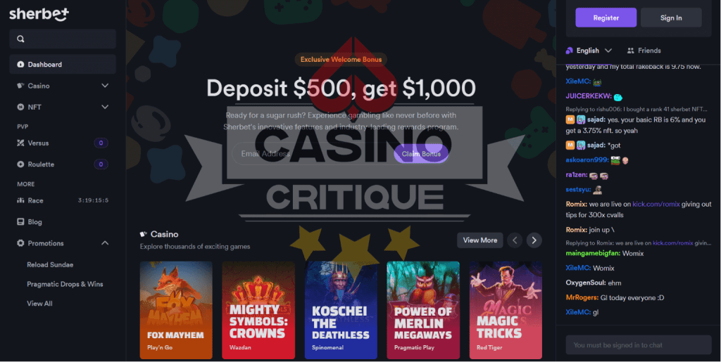 sherbet casino review homepage view