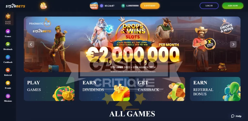 Homepage of Starbets casino